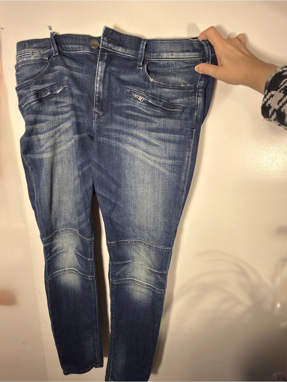 Express Women’s Mid Rise Moto Legging Dark Blue Biker Distressed Jeans 14R